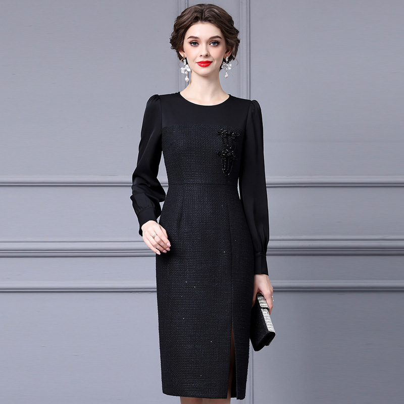 Zhili Black Tweed Patchwork Slit Hip-Hugging Skirt High-End Elegant High-Waisted Dress Spring and Autumn 2026 New Model