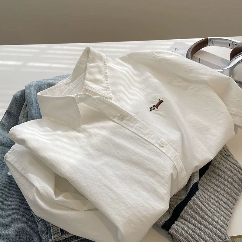 Shanli Dadi Korean-Style Puppy Embroidery White Shirt for Women! 2025 Spring Versatile Cotton Turn-Down Collar Layered Casual