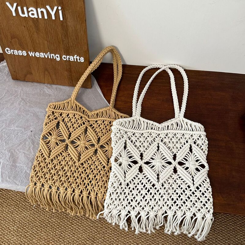 Bohemian Style Fashion Hollow Cotton Rope Shoulder Bag Tassel Woven Tote Bag Vintage Artistic Shoulder Bag