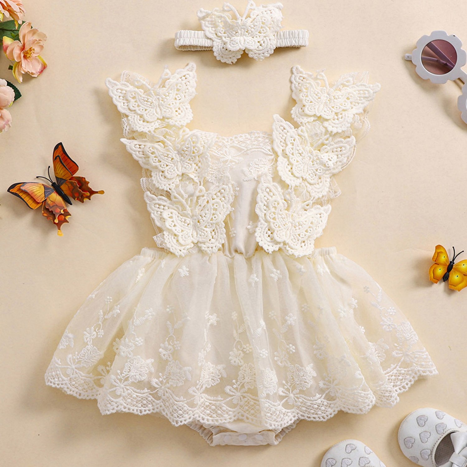 0.0 78.74ft Baby Girls Rompers Dress Lace Butterfly Fly Transfronterizo
