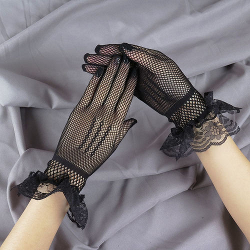 Mesh Sunscreen Gloves for Women Summer Fishing Net Full Finger Elastic Black Performance Lace White for Square Dance Fashion Touch Screen