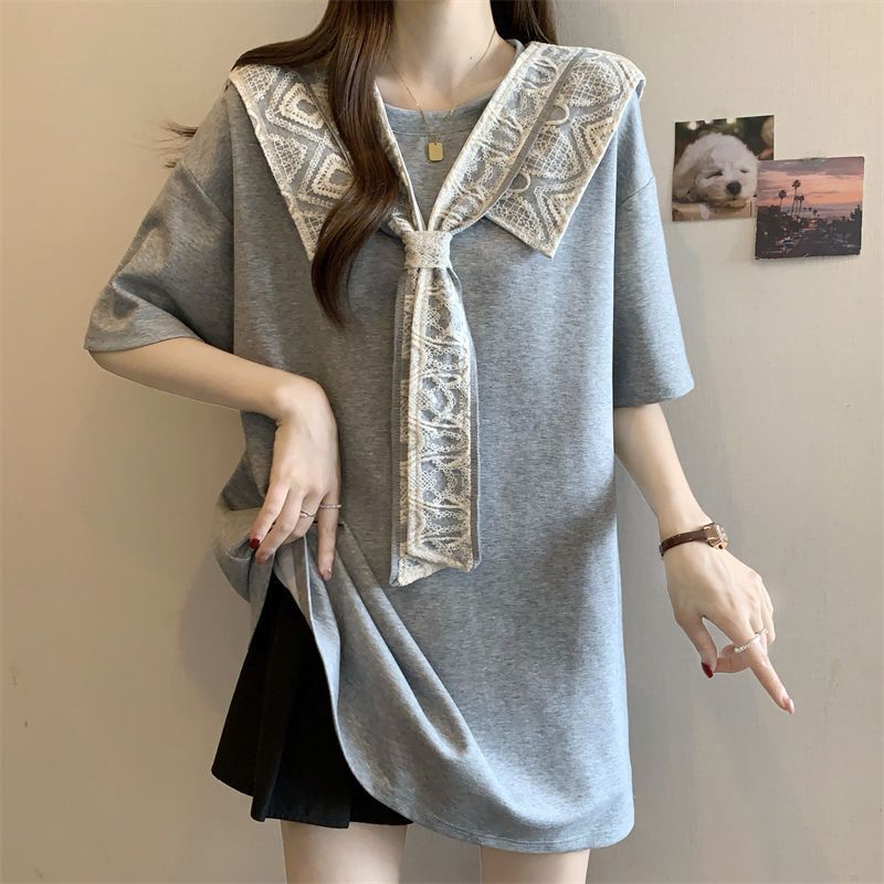 Plus Size Style Lace Splicing Right Shoulder Short-Sleeved T-Shirt for Women Summer New Fat mm Loose Slimming Look Mid-Length Top Plus Size Style Lace Splicing Right Shoulder Short-Sleeved T-Shirt for Women Summer New Fat mm Loose Slimming Look Mid-Length Top