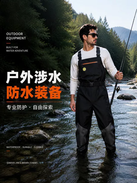 Outdoor fishing and sea fishing one-piece wading pants, wear-resistant, tear-resistant, with knee protection and waterproof storage pockets, professional wading equipment