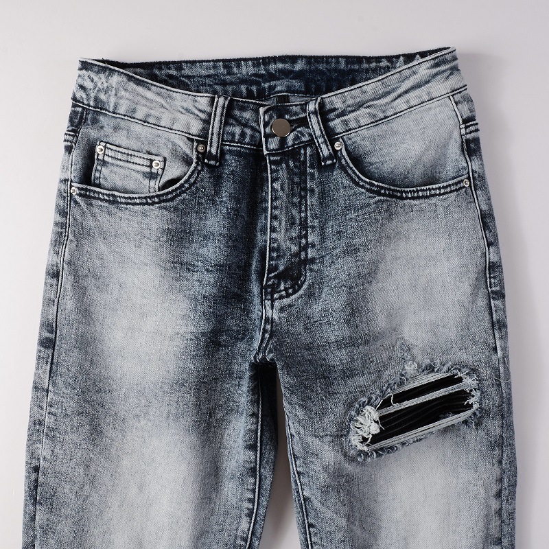 Vêtements pour hommes dans le même style moustaches de chat froissées patchwork noir trous en cuir élastique slim fit jeans skinny jeans_voghion.com
