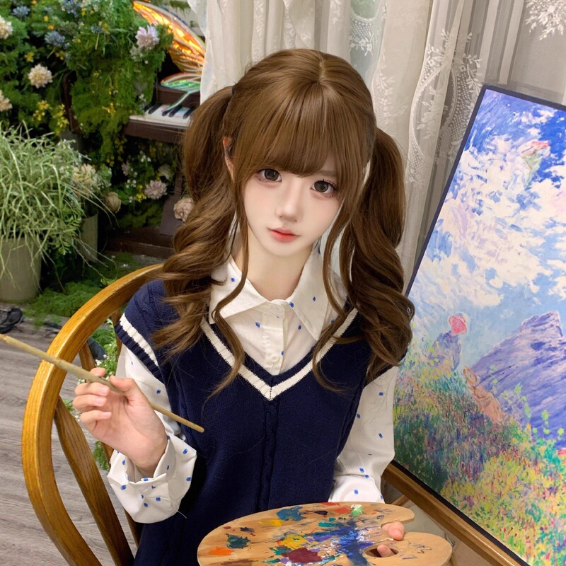 [Stupid Cute Girl] Cheng Ming Wig Female 65cm Roman Curly Lolita Double Ponytail Long Curly Hair Full Headgear