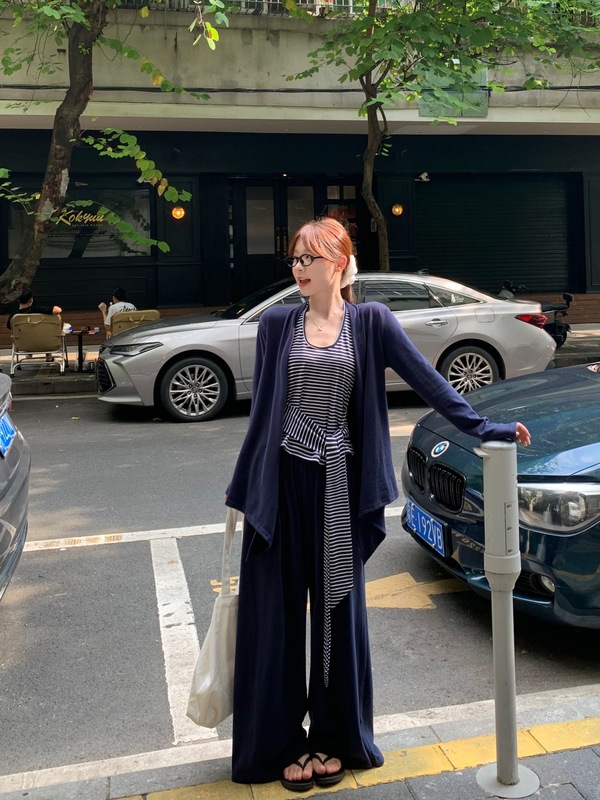 2025早秋新款慵懒风纯色长袖开衫+条纹背心+显瘦垂感休闲裤三套装|undefined
