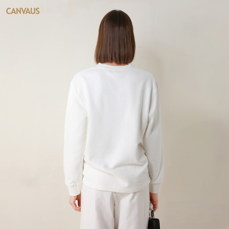 CANVAUS Otoño e Invierno suéter recto forrado de lana de las Mujeres Nuevo cuello redondo casual manga larga color sólido pullover Coat