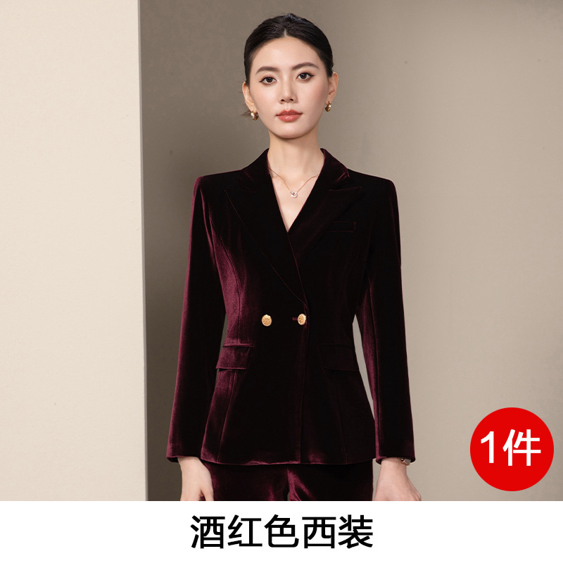 高端酒红色丝绒西装套装女春职业装气质女神范上班工作服正装西服|undefined