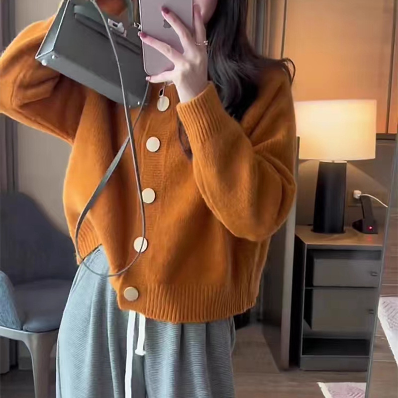 24 invierno Puyuan primavera y otoño nuevo color sólido dulce viento de punto Cardigan chaqueta de cuello redondo inserción