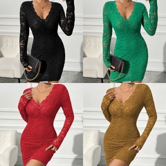 歐美跨境亞馬遜2025春季新款女士V領性感蕾絲修身長袖連衣裙派對