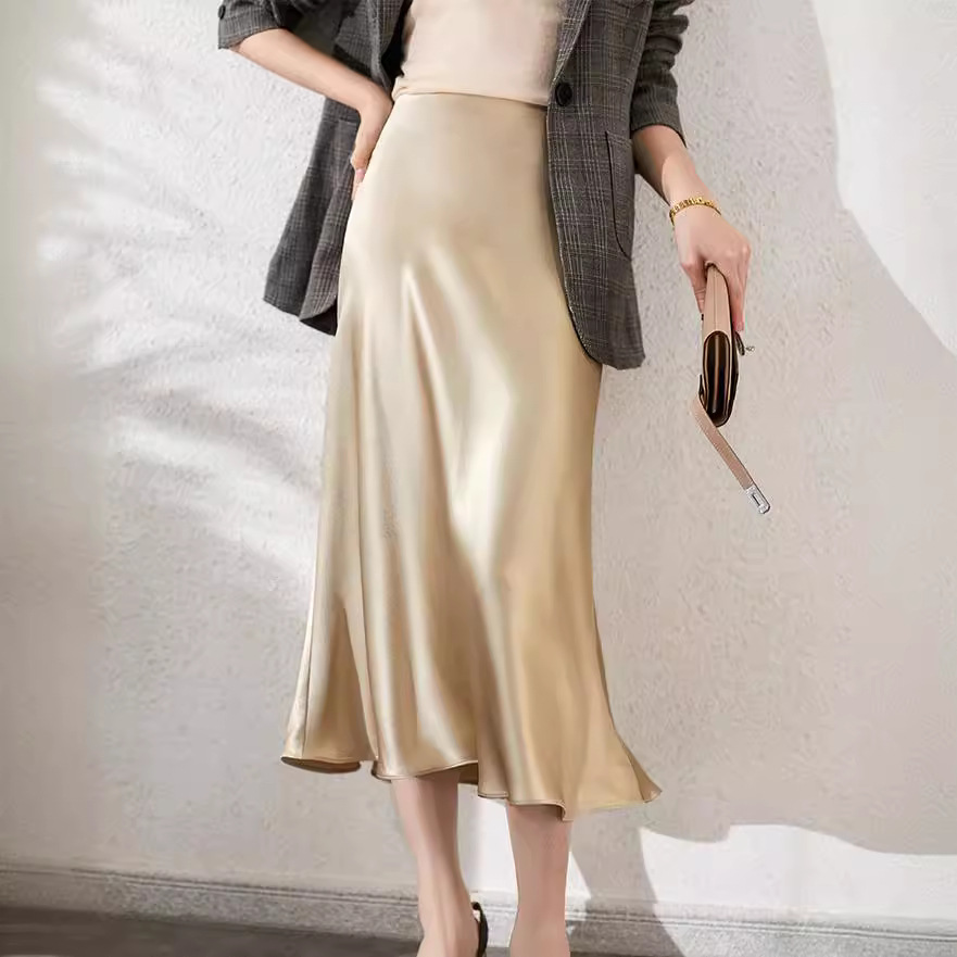 [Gold Label Washed] [Authentic Product Removed from Store] Acetate Satin Midi Skirt, Women's, Fishtail A-line Skirt