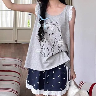 2025 New Summer Style Cartoon Printed Lace Vest Shorts Home Clothes Can Be Worn Outside Pajamas Set for Women