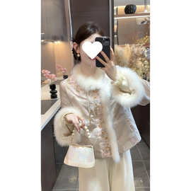 D6C超好看粉色新中式盘扣拼接棉服女秋季国风提花高级感保暖夹棉