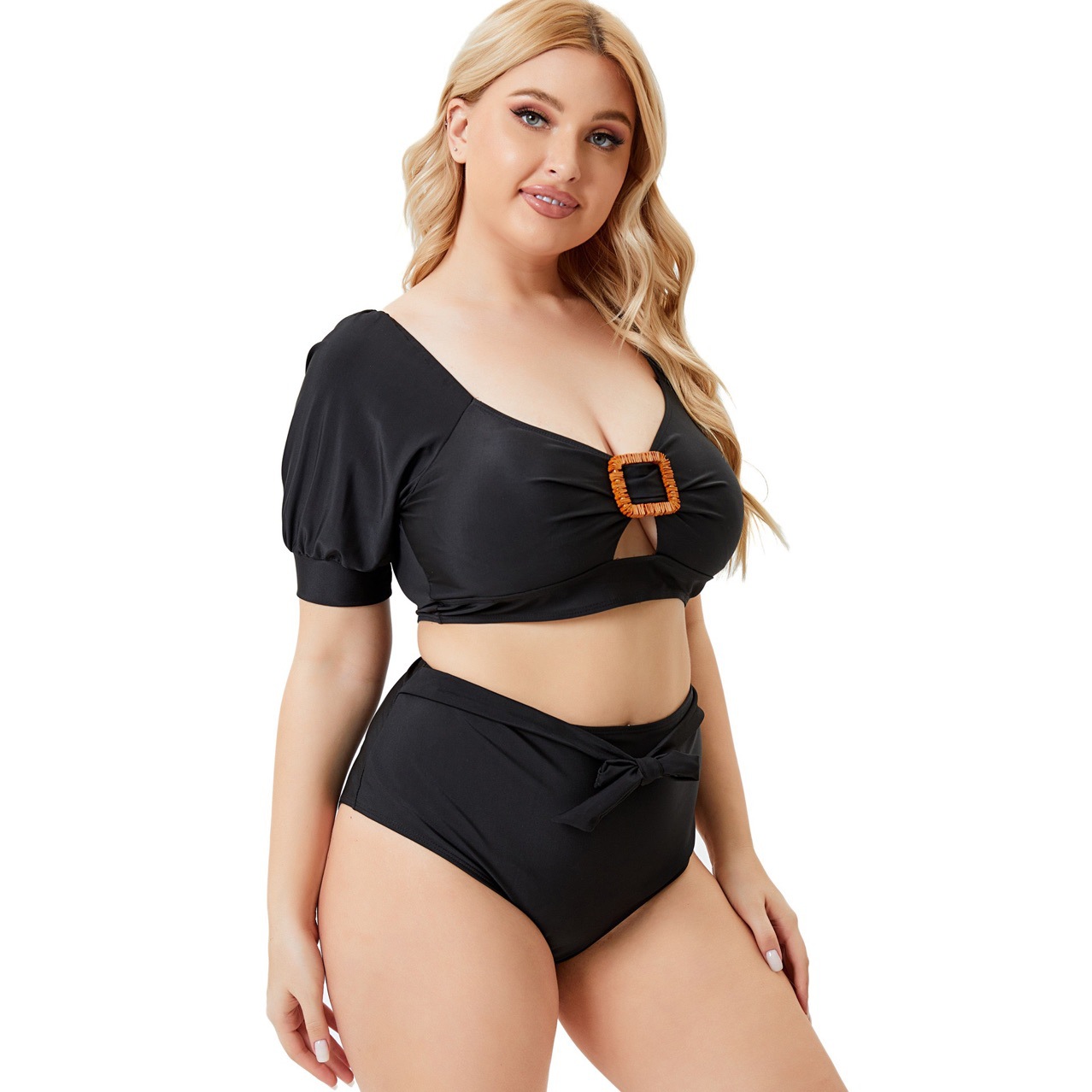 plus size low-cut short-sleeved hollow high-waist solid color Tankini two-piece set NSJHD125116