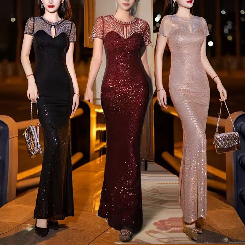 Cross-Border Dress for Female Hostess Banquet Evening Dress Star Flash Slimming Fishtail Skirt High-End Slimming Elegant Toast Dress