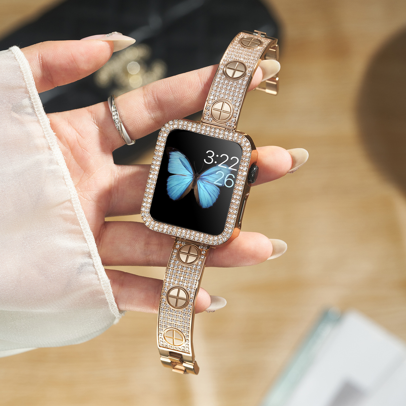 Rose Gold Micro-Studded with Diamonds Suitable for All Apple Watch Straps S10 Generation Apple Women's Summer High-End Bracelet Strap