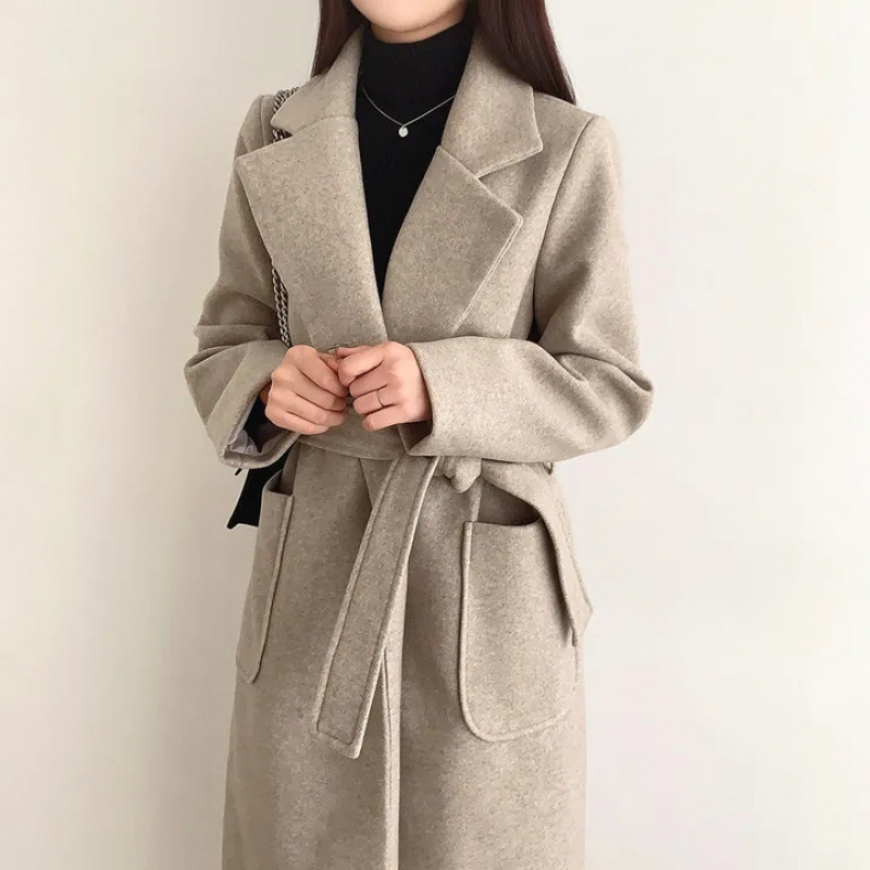 Chic Korean Winter Fashion Simple Atmospheric Suit Collar Lace Waist Mid-length Woolen Coat Coat