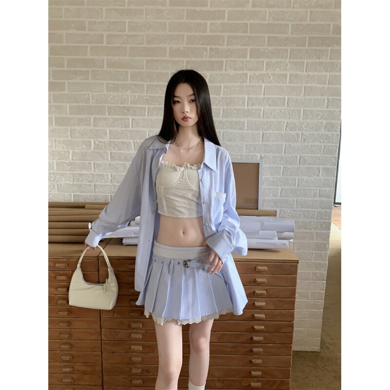 Ready Stock Real Shot Stripesd Shirt + Stripesd Pleated Skirt Pure Desire Suit