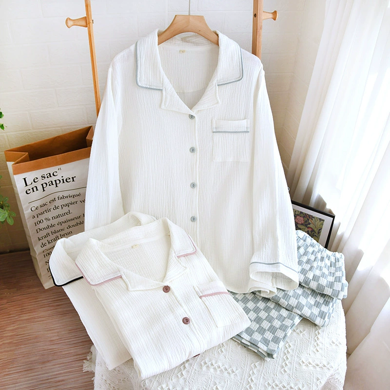 Весна и осень женская домашняя одежда из чистого хлопка костюм брюки с пряжкой и длинным рукавом Тонкая марлевая Пижама летняя простая клетчатая в японском стиле