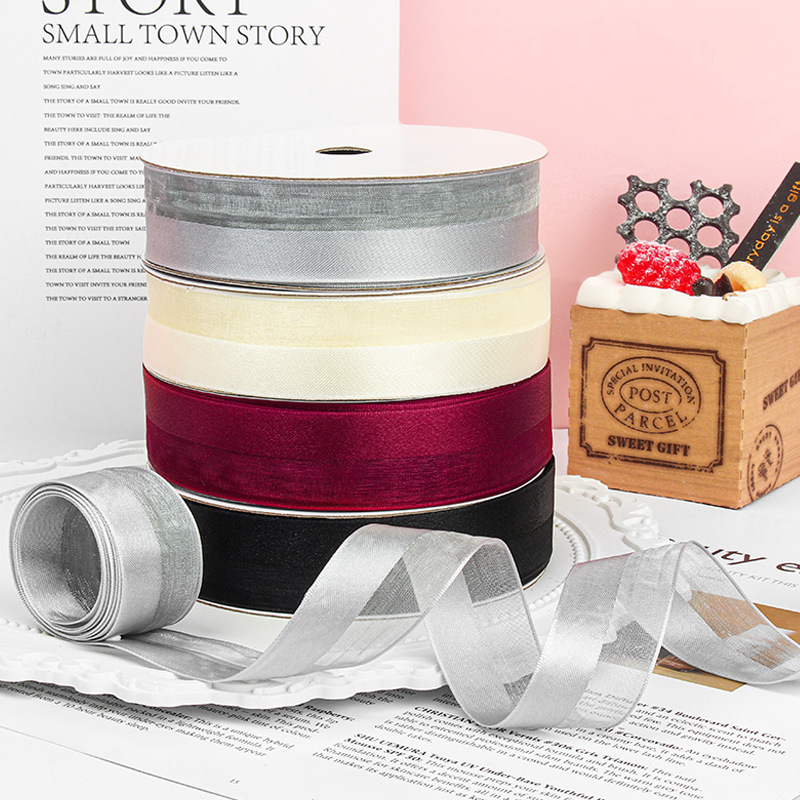 2.5cm Half-Satin, Half-Gauze Ribbon for Flower Bouquet Packaging, Birthday Cake Ribbons, Wedding Favors, Gift Box Decorations, and Customizable Ties