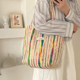 韩版彩虹包条纹单肩包大容量购物袋休闲托特包大学生上课包通勤包