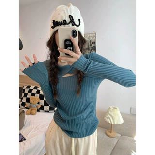 镂空长袖纯色针织衫女装秋季2025新款修身显瘦弹力内搭打底上衣
