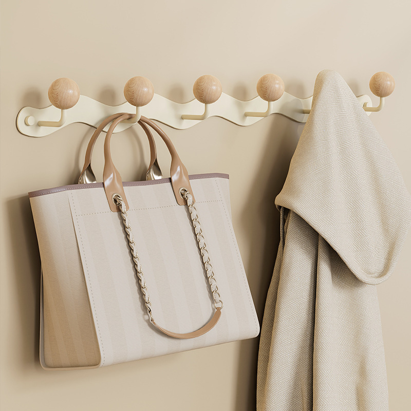 No-Drill Wave-Shaped Adhesive Hooks, Natural Wood Bedroom Clothes Hooks, Wall-Mounted Storage and Organization Hangers, Patented Design