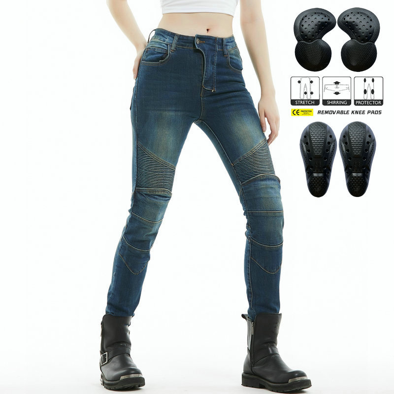 Pantalones vaqueros de la motocicleta de las mujeres retro angustiado casual motocicleta pantalones de montar Caballero de las mujeres estiramiento pantalones anti-caída 114-3