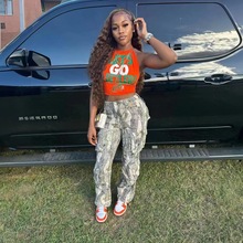 S6938欧美女装2023秋季新款拼接高腰迷彩口袋街头潮人工装裤