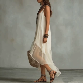 2026跨境新款亚马逊慵懒松弛感波西米亚度假纯色吊带U领女连衣裙