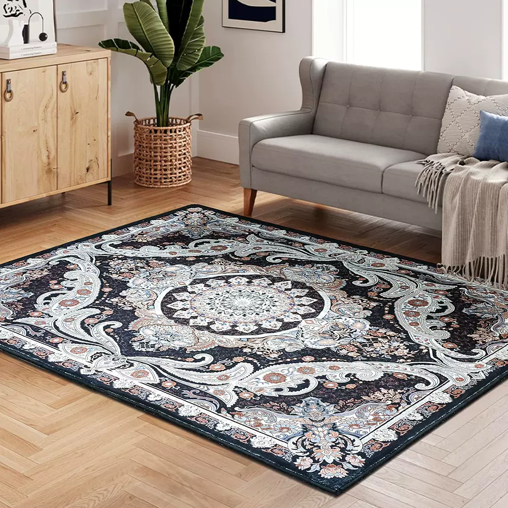 轻奢复古波西米亚风黑色耐脏易打理客厅家用大面积仿羊绒地毯地垫