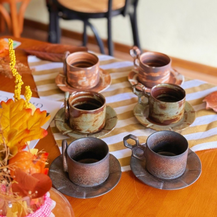 Hammered Ceramic Coffee Cup Set With Vintage Saucer For Espresso_voghion.com