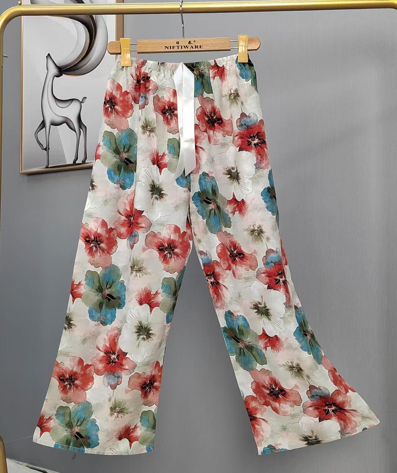 Pijama de seda de algodón para mujer, pantalones anchos de mujer embarazada de seda de algodón con estampado fino de verano