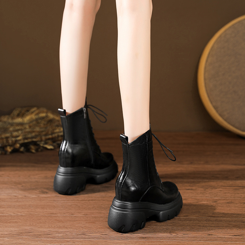 Boot Martin nữ đế xuồng da thật mũi tròn gót cao 6 cm dây buộc — nhung đen, Nhung nâu, Lớp lót đơn màu đen, Lớp lót đơn màu nâu