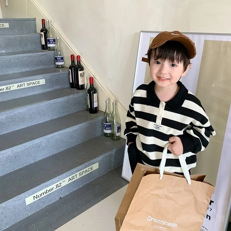 Baby Top Autumn/Winter Children's Sweatshirt Autumn Trend Striped Korean Style Children's Clothing Outfit Autumn/Winter Polo Shirt Boys
