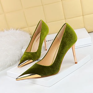9318-1 European and American Style Banquet Fashion Light Luxury High Heel Shoes Thin Heel High Heel Metal Pointed Suede 