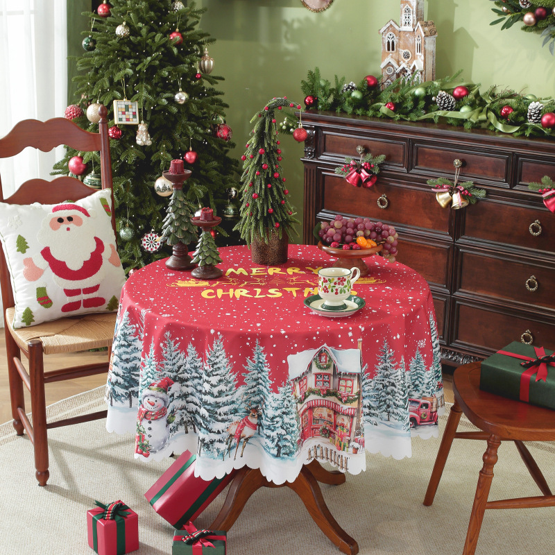2025 New Cross-Border Christmas Round Tablecloth Christmas Red Waterproof and Anti-Fouling Holiday Decoration Tablecloth Tablecloth