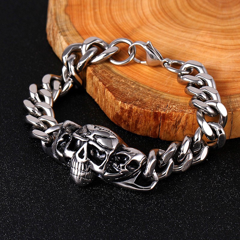 Stainless steel men's domineering skull bracelet titanium steel Cuban cast steel four-sided grinding chain jewelry