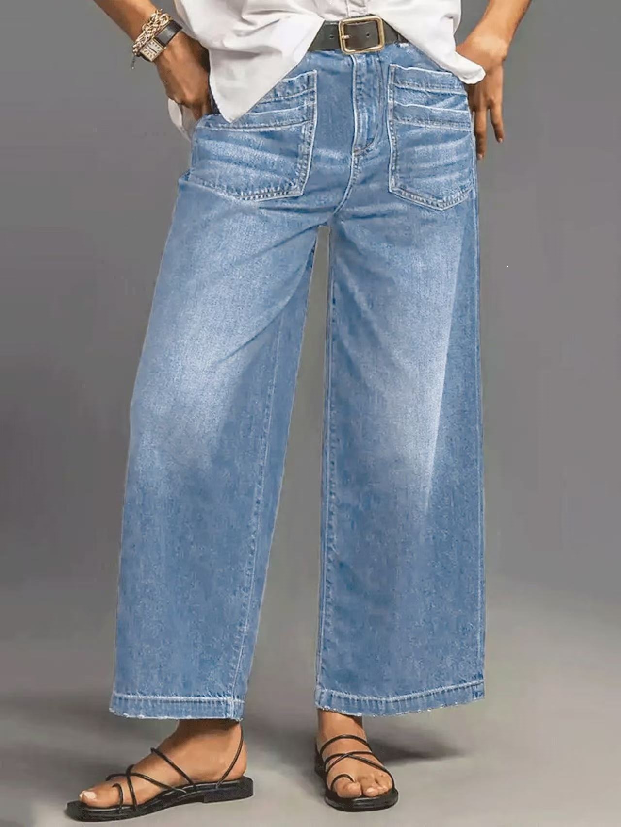 Jeans de Pierna Ancha para Mujer de Mezclilla de Algodón, Cintura Media y Corte Relajado