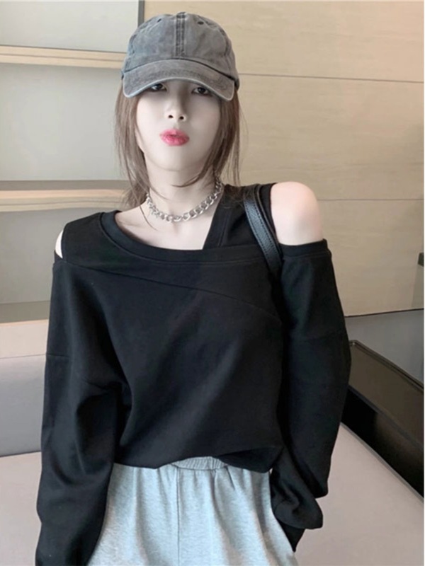 港风假两件拼接卫衣女士2025春秋新款简约设计感露肩宽松休闲上衣|undefined