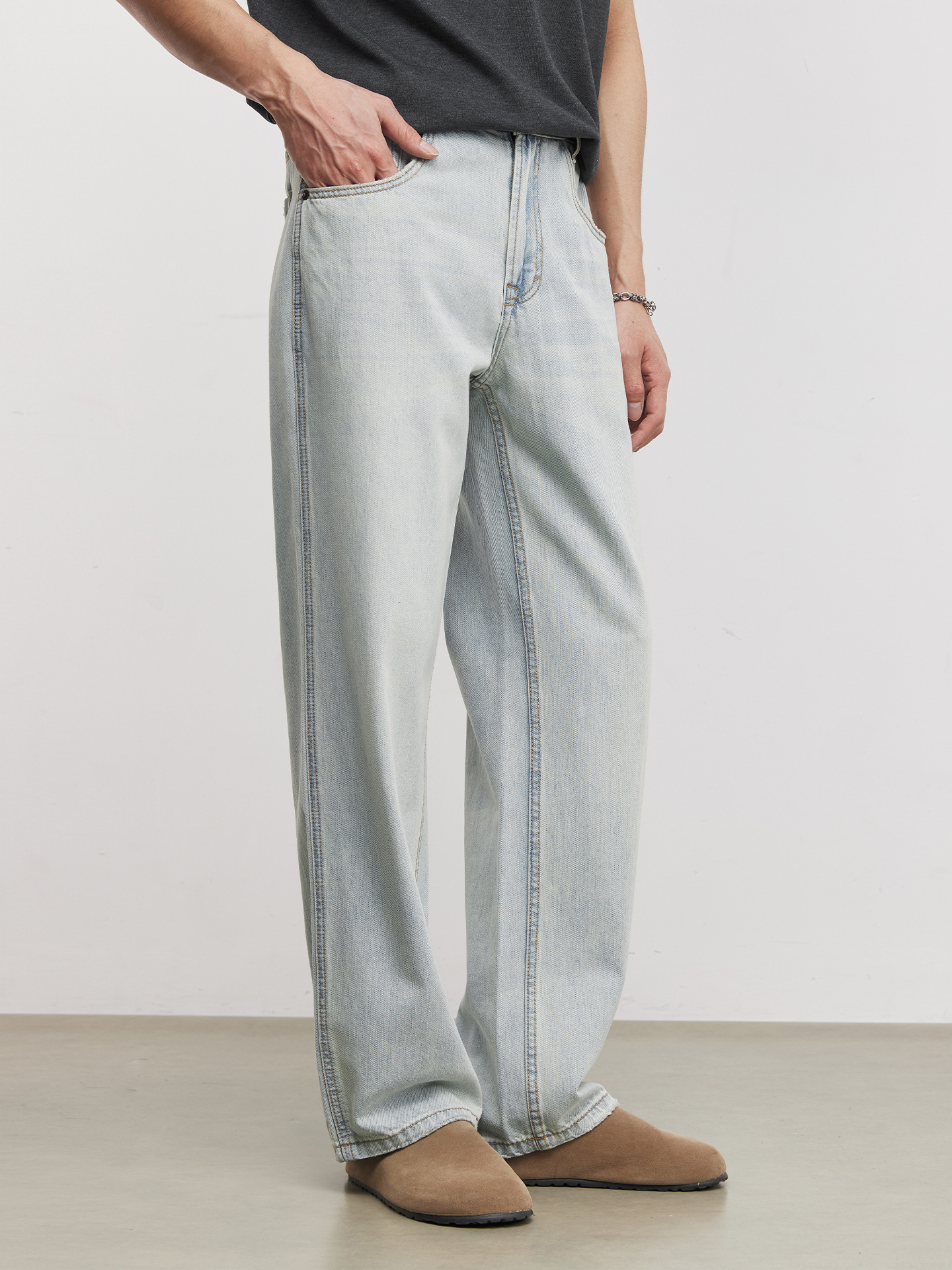 Quần jean nam ống rộng phong cách Mỹ cổ điển, chất liệu denim wash nhẹ, dáng suông thoải mái — Xanh nước đá