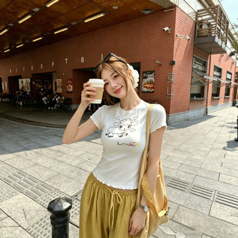 Cute Lamb Print Lace Short-Sleeve T-Shirt for Women, Summer Pure Desire Spicy Girl Style, Slim Fit, Versatile, Super Pretty Top Cute Lamb Print Lace Short-Sleeve T-Shirt for Women, Summer Pure Desire Spicy Girl Style, Slim Fit, Versatile, Super Pretty Top
