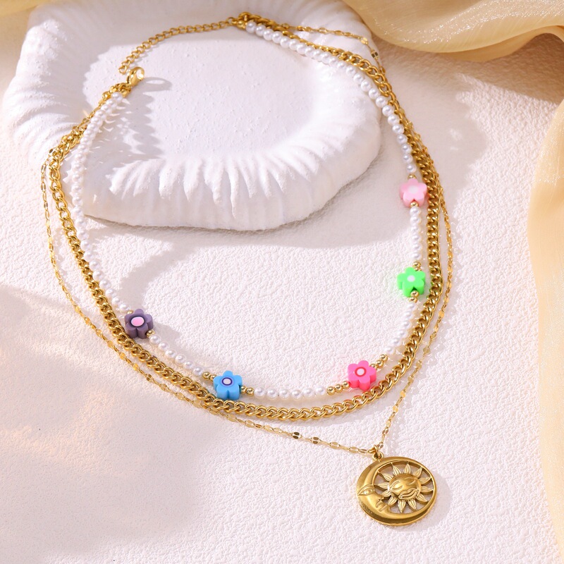 Colorful soft clay flower multi-layered necklace for women with sun and moon round pendant, sweet and cool style pearl collarbone chain Colorful soft clay flower multi-layered necklace for women with sun and moon round pendant, sweet and cool style pearl collarbone chain