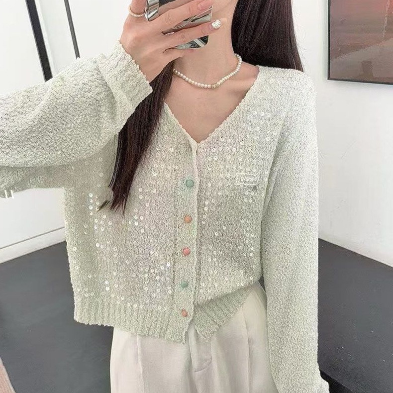Design Sense Sequin Knitted Cardigan Women's 2025 Spring and Summer New Commuter Dopamine Elegant Sweater V-Neck Top