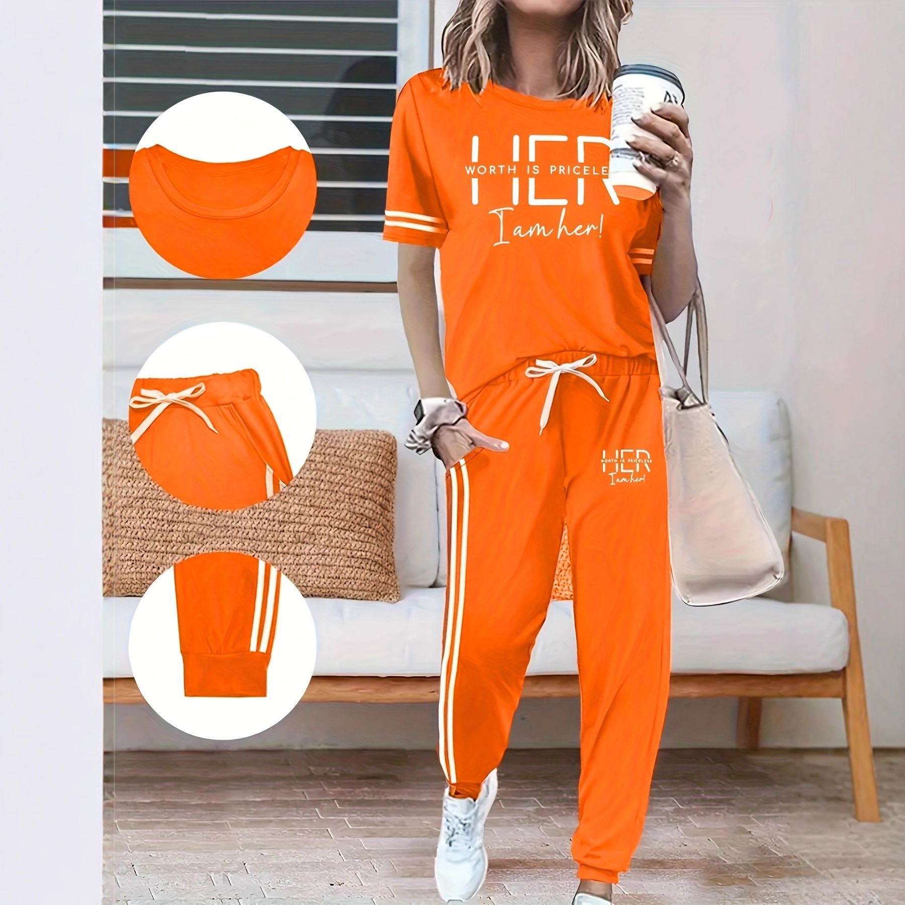 Women's Clothing Spring Summer Two Piece Set Round Neck Short Sleeve High Waisted Side Pocket Pants_voghion.com