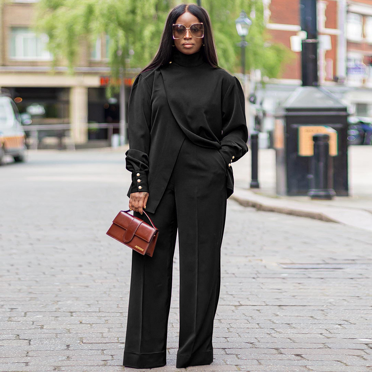 Women's Turtleneck Pant Set Two Piece Long Sleeve Split Outfit_voghion.com