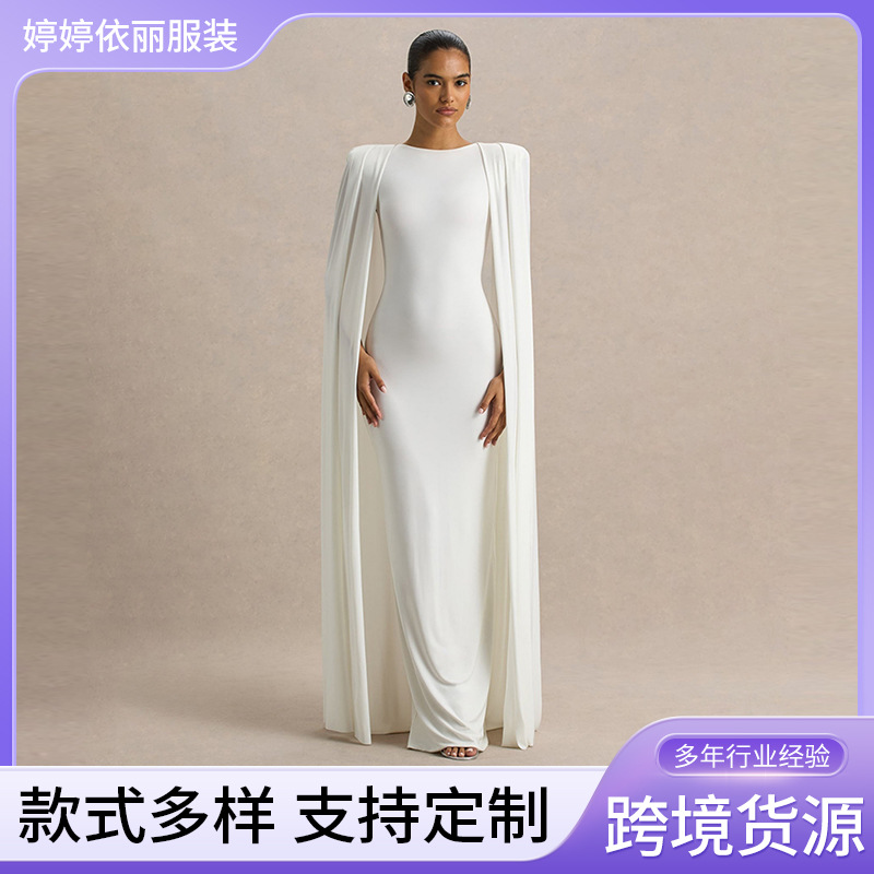 European and American Style Autumn and Winter New Women's Party Evening Dress Pure Color Elegant Women's Pleated Round Neck Elegant Waist Skirt