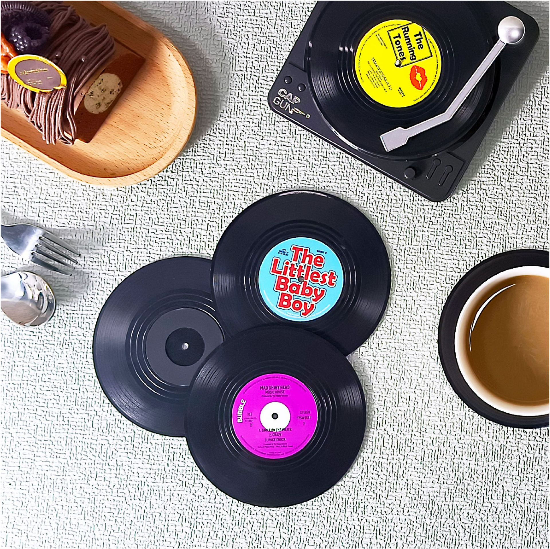 Cojín de disco de vinilo retro Cojín de plato de pastel de dim sum de tamaño mediano, aislamiento térmico, antideslizante, fabricante de posavasos de café y té nfc