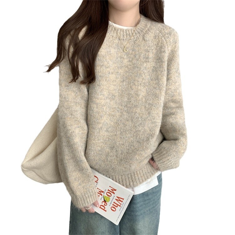 日系百搭慵懒风燕麦色毛衣女2025秋冬新款洋气感针织宽松套头上衣|undefined