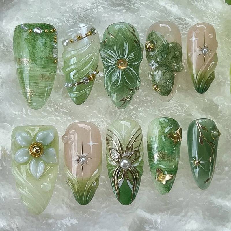 Cross-Border 30-Piece Set of Green French Almond-Shaped Wearable Nails with Gold Steel Beads, 3D Gel, Pearl, and Gold-Plated Nail Tips Wholesale